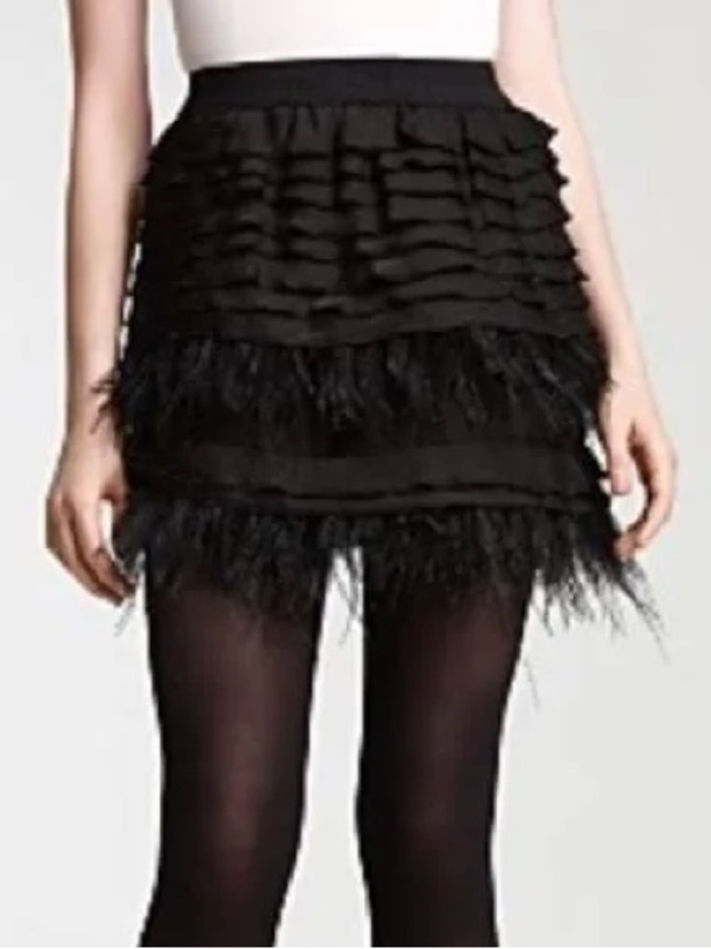 BCBG MaxAzria Mahlia Tiered Black Osterich Feather Skirt Size Small EUC